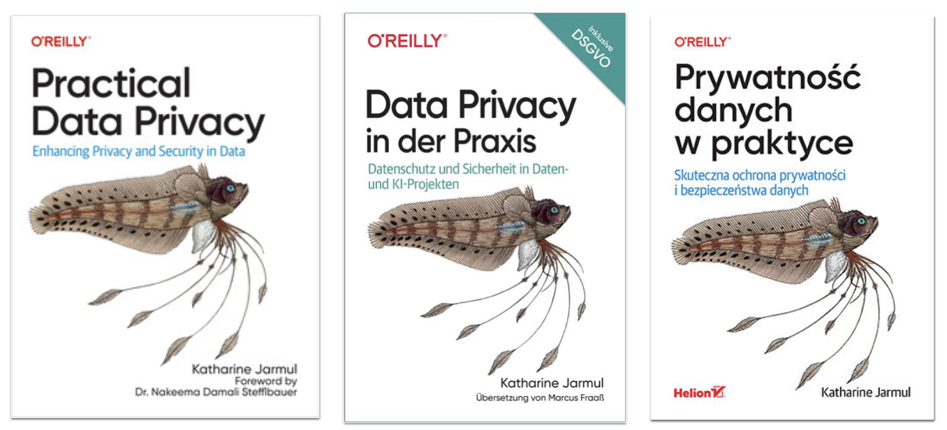 The Practical Data Privacy book covers with the three published books in English, German and Polish.